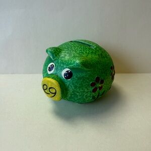 Vintage Mini Ceramic Green Flower Power Pig Piggy Coin Bank.